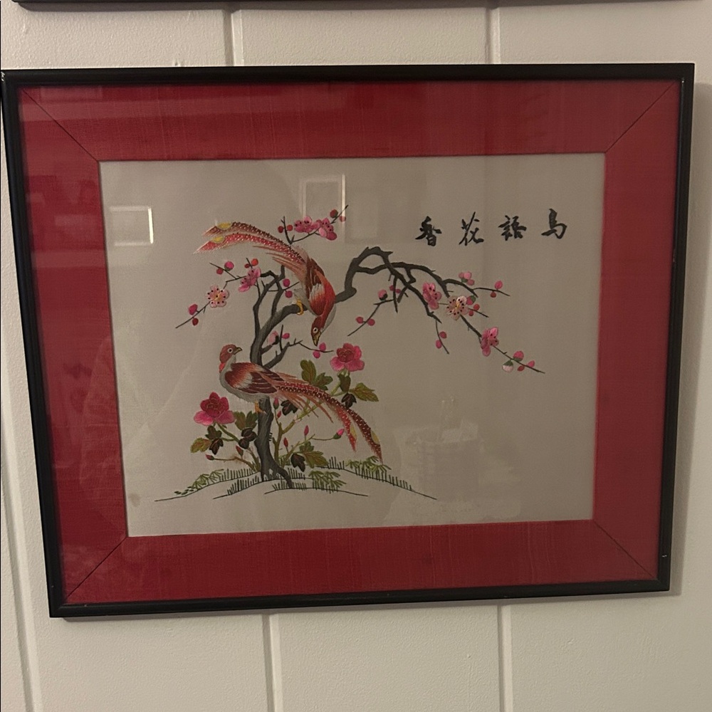 Framed Asian Art with Birds and Blossoms